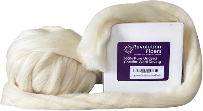 Revolution Fibers Cheviot Wool Roving Top 1 lb 16 Ounces for Spinning | Soft Chunky Jumbo Yarn for Arm Knitting Blanket |100% Natural Undyed Off-White Wool Yarn Bulk, Felting Core, Carded Stuffing