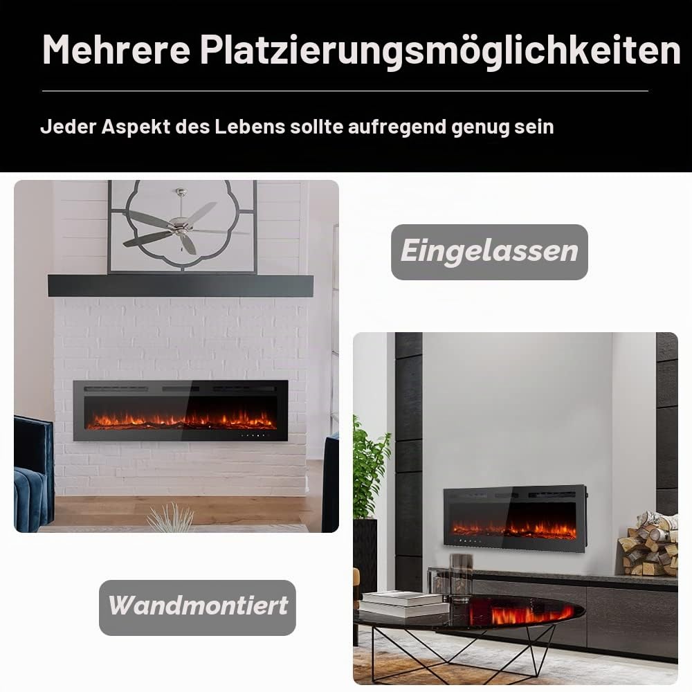M.C.Haus Ultradünner Elektrischer Kamin, Geräuscharm, 12 Verschiedene Flammen, Versenkte Wandmontage, Glas-Touchscreen und Fernbedienung, mit Kristall und Holzscheit(178cm/70inch, Schwarz)