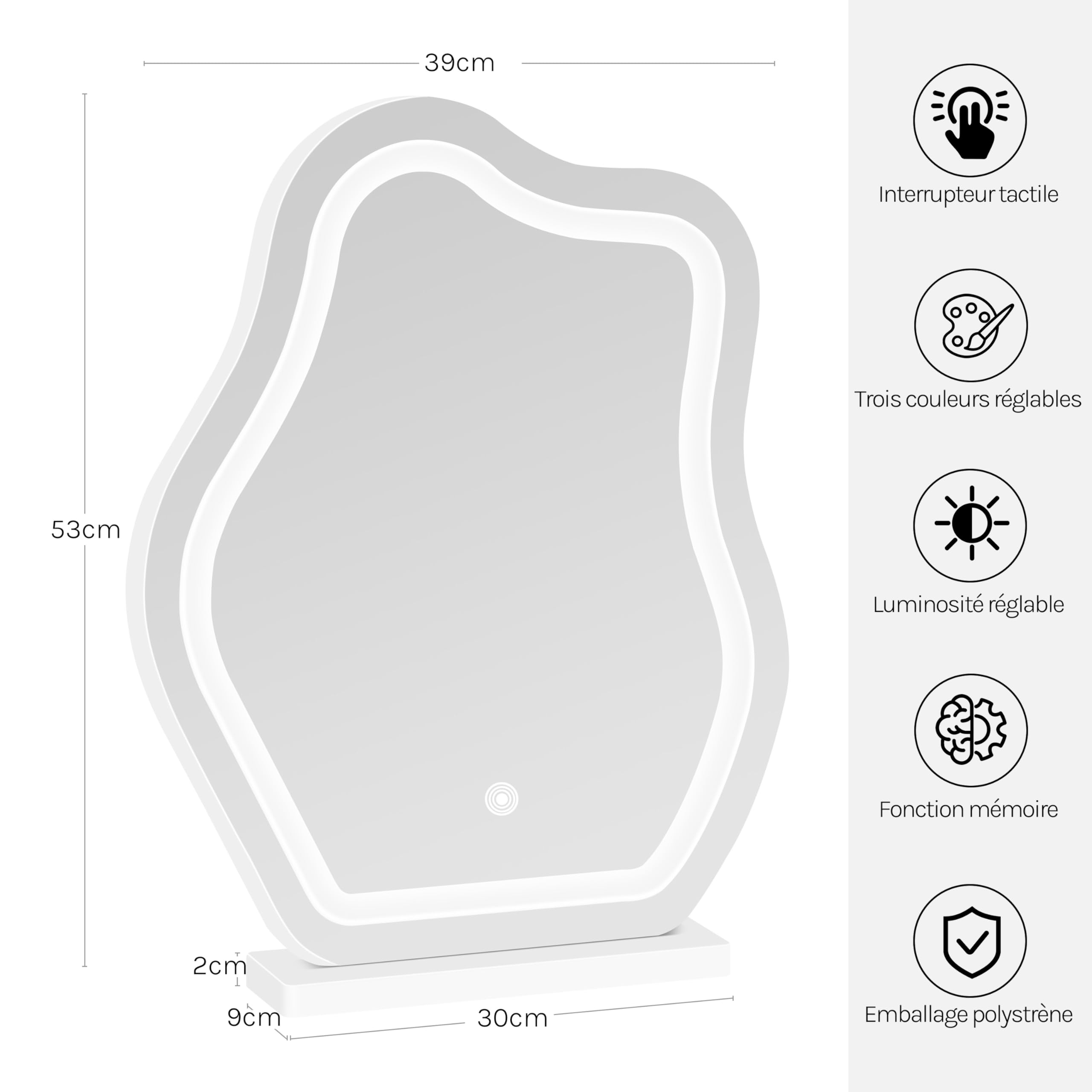 WOLTU Miroir Coiffeuse LED, 3 Niveaux d'Éclairage + Luminosité Réglable, Miroir Irrégulier en Forme de Nuage, 40x54 cm, MB6121ws