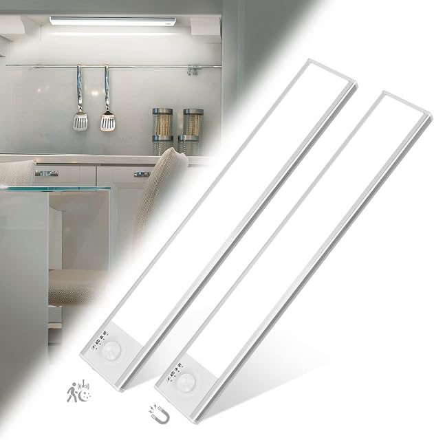 Tanbaby Under Cupboard Kitchen Lights 2 Pack, 6500K Motion Sensor Lights Indoor 38 LEDs with Stepless Dimming and 3 Sensor Mode, USB Rechargeable Led Night Lights, Stick-on Kitchen Stairs Hallway