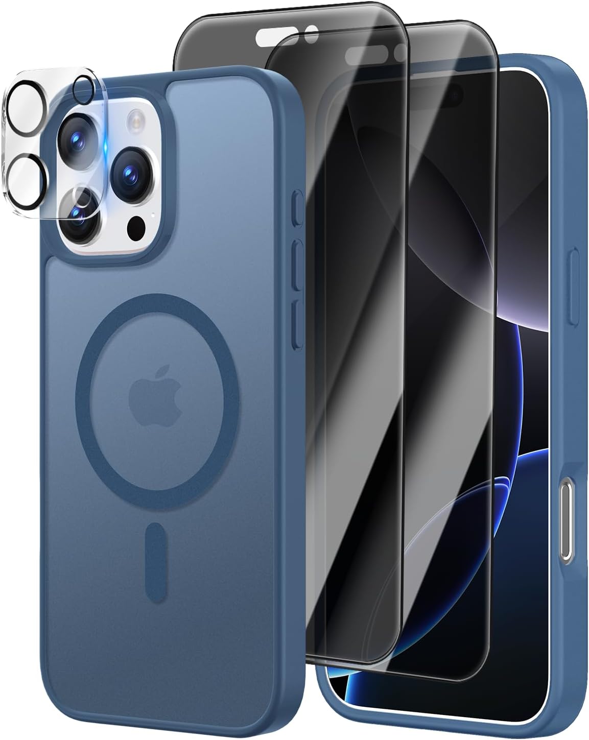 [4 in 1] Magnetic for iPhone 16 Pro Case, 2 Pics Privacy Screen Protectors and 1 Pic Camera Protector, Fit for MagSafe, Military Shockproof Translucent Matte 16 Pro Phone Case 6.3", Dark Blue
