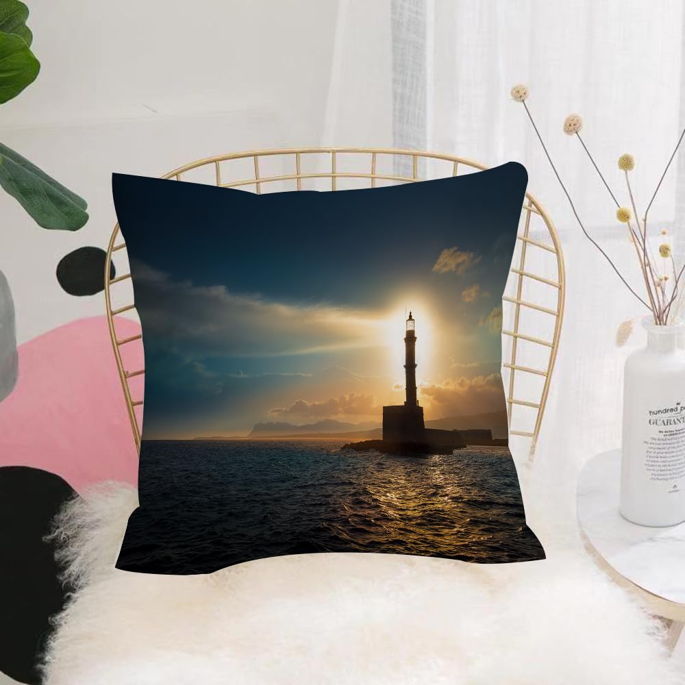 HYOSXW Cushion Cover,Throw Pillow Case Home Decorative for Living Room Bedroom Sofa Chair 16X16 Inch,Lighthouse, Lighthouse Sunset Sunlight Romantic Vacation Tourist Attractions, P,Pillowcase 40X40cm