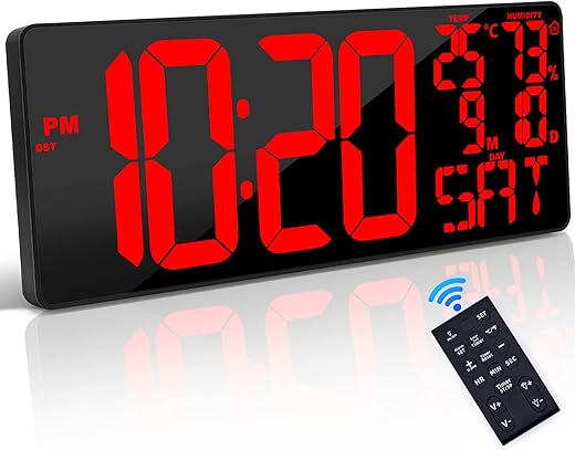 [Oversized] 18 Large Digital Wall Clock with Remote Control, Auto-Dimming Digital Clock Display with Date/Temp/Week, DST, Alarm, 5.9”Jumbo Numbers Large Digital Clock for All Spaces Use