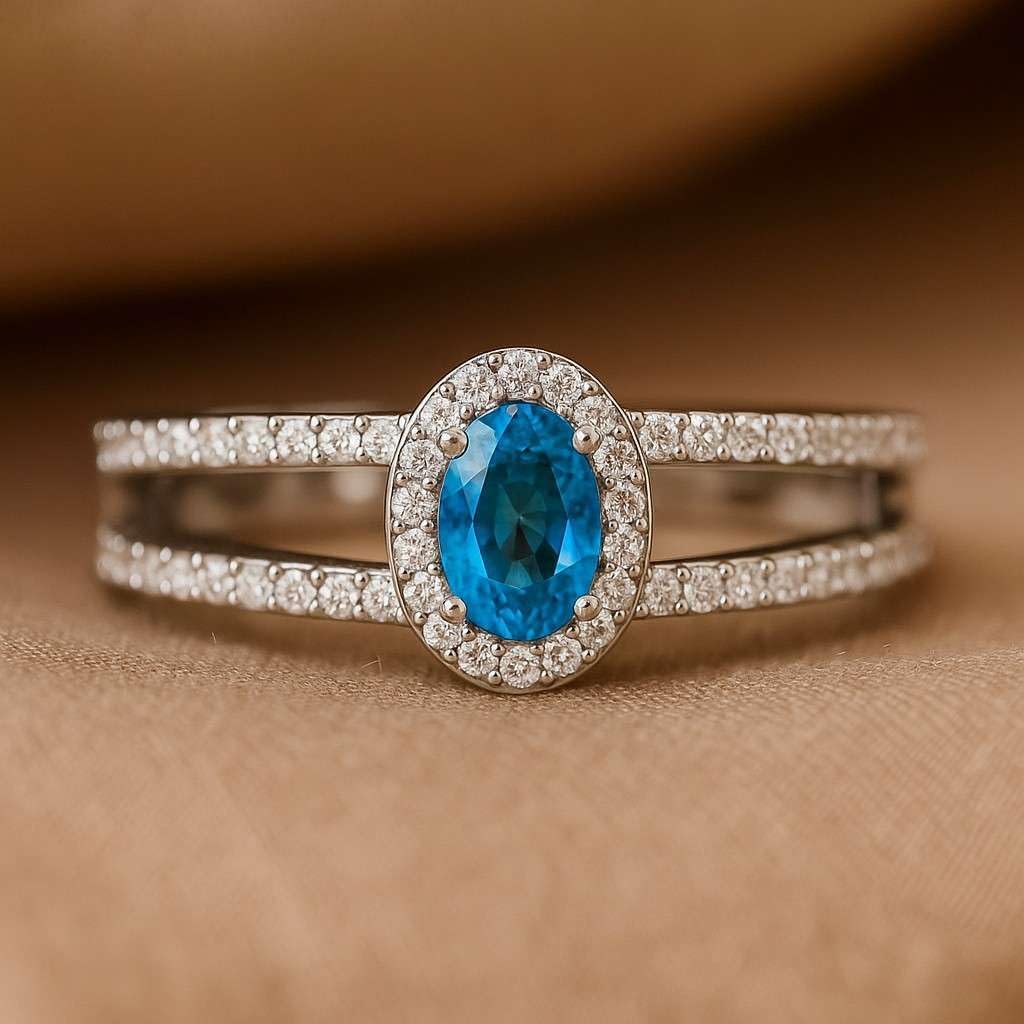 Natural Swiss Blue Topaz Ring for Women | 14K Gold or 925 Sterling Silver | Oval Blue Gemstone Halo Ring with Lab-Grown Diamonds | Split Shank Engagement, Promise or Anniversary Ring | Fine Jewelry Gift