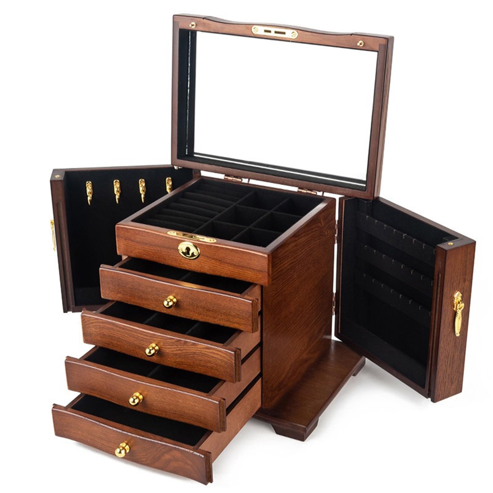 CLQYXRMVC Jewelery Box Wooden Jewelry Box 5-Tier Vintage Case With Mirror For Earrings, Rings, Necklaces, And More Jewellry Organizer Case(Black)