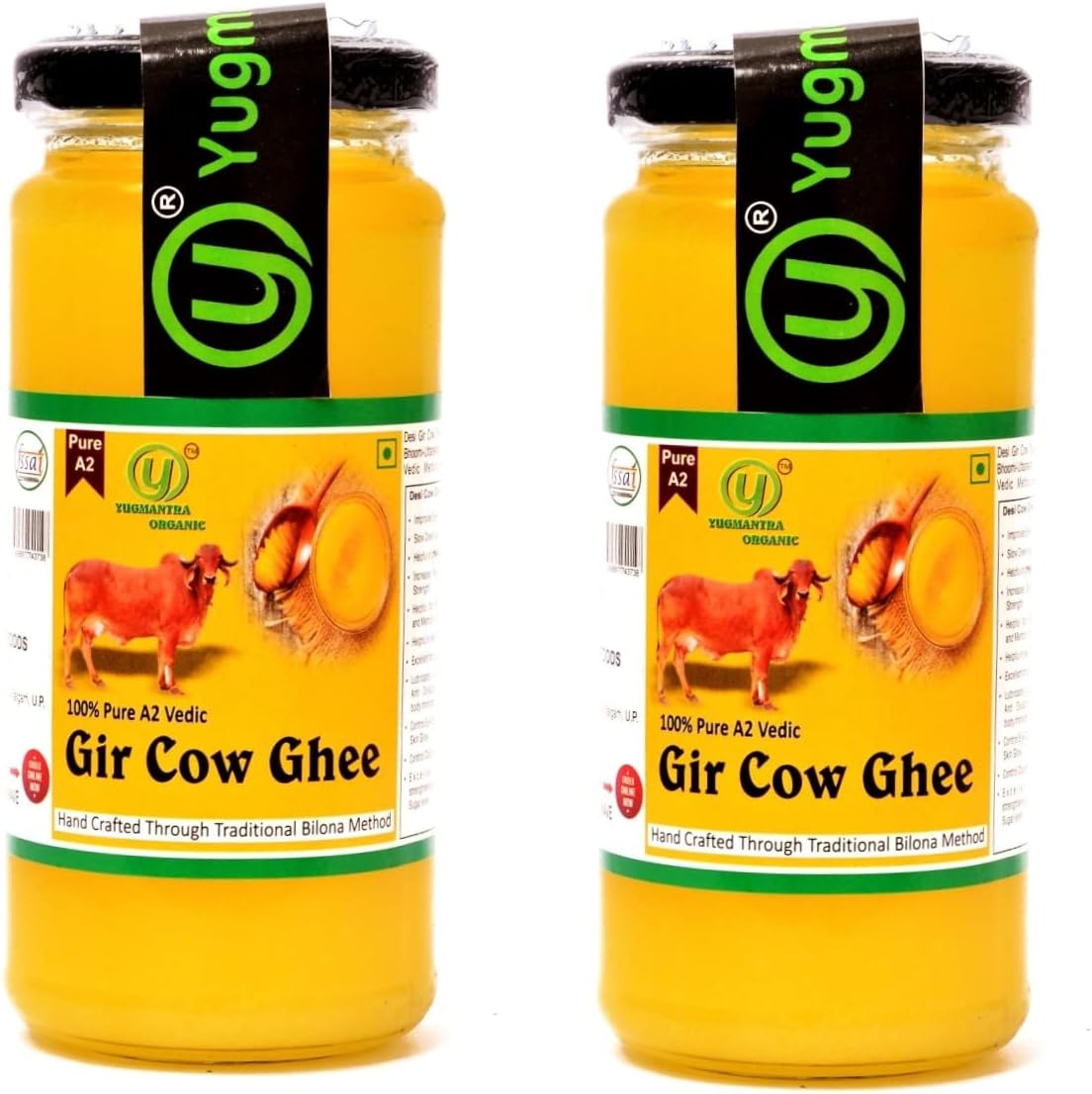 Yugmantra Organic Foods -100% Pure Natural Desi A2 Gir Cow Ghee -(250 Ml x2) 500 ML Glass Bottle Prepared from A2 Milk Bilona Method