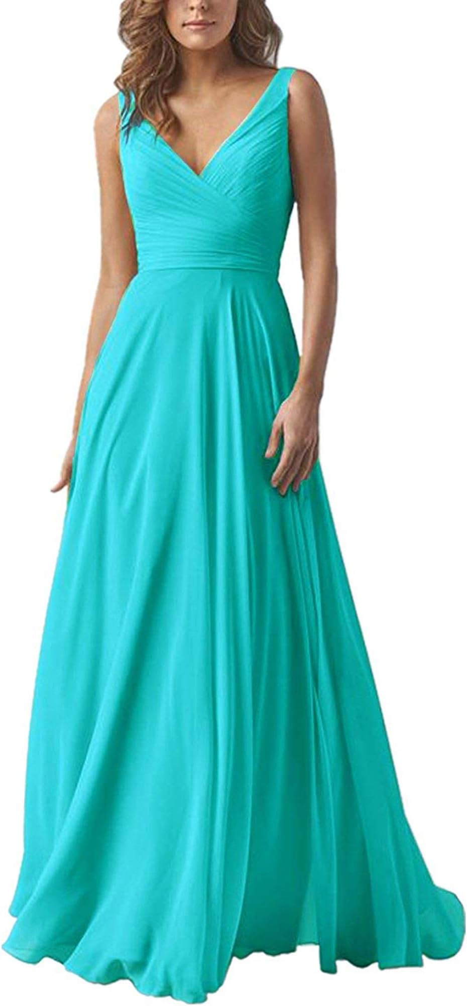 Women's V-Neck Chiffon Bridesmaid Dress Long A-line Formal Evening Prom Gowns