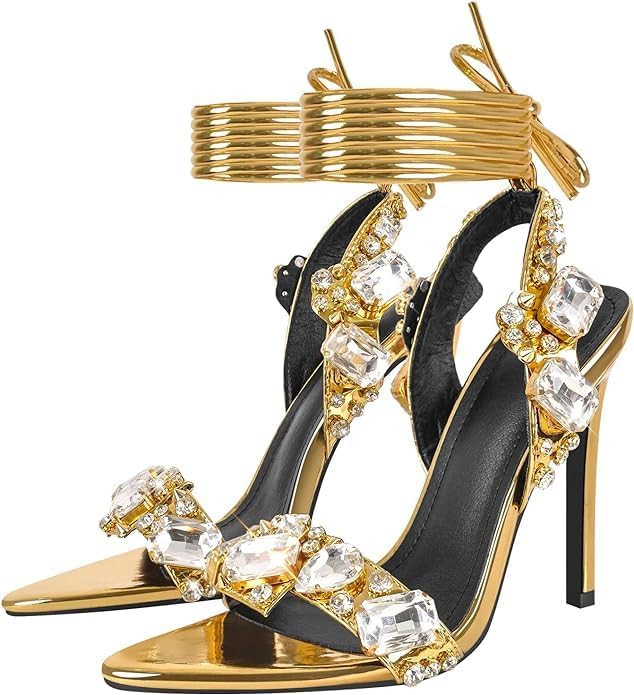 Kluolandi Women's Strappy Stiletto Heels with Crystal Lace Up Gladiator Sexy Open Toe High Heeled Sandals Gold Heels for Women - Image 4