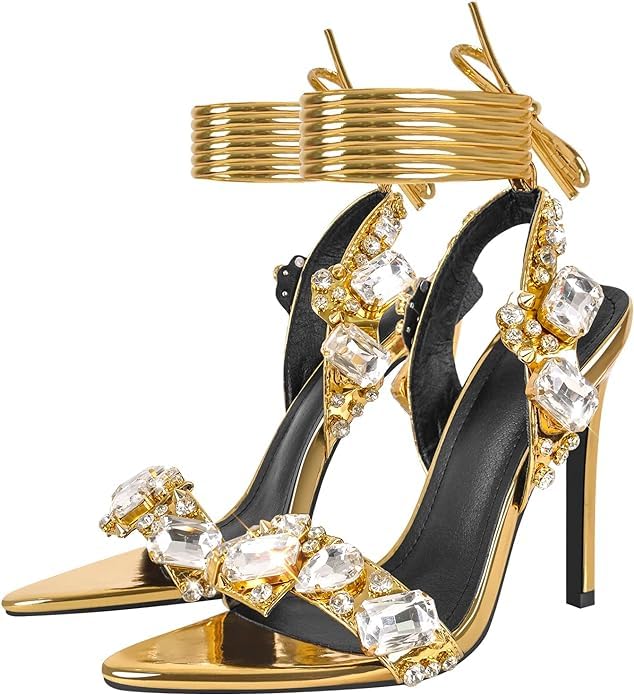 Kluolandi Women's Strappy Stiletto Heels with Crystal Lace Up Gladiator Sexy Open Toe High Heeled Sandals Gold Heels for Women2