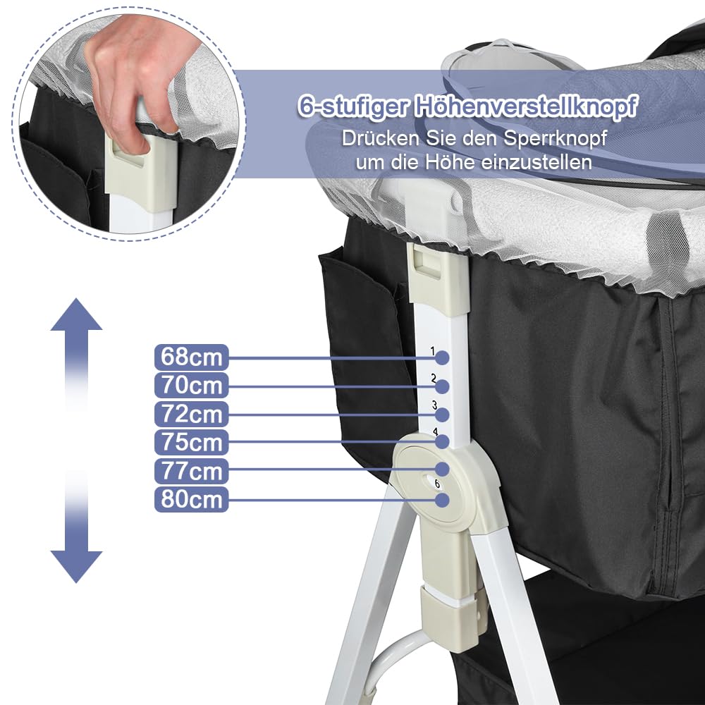2 en 1 Berceau Cododo pour Bébé,Lit Cododo de Bébé avec Matelas et Moustiquaire 4 Roues,pour 1 à 36 Mois,Inclinaison&Hauteur Réglable, 95 * 50 * 98-110cm, Noir