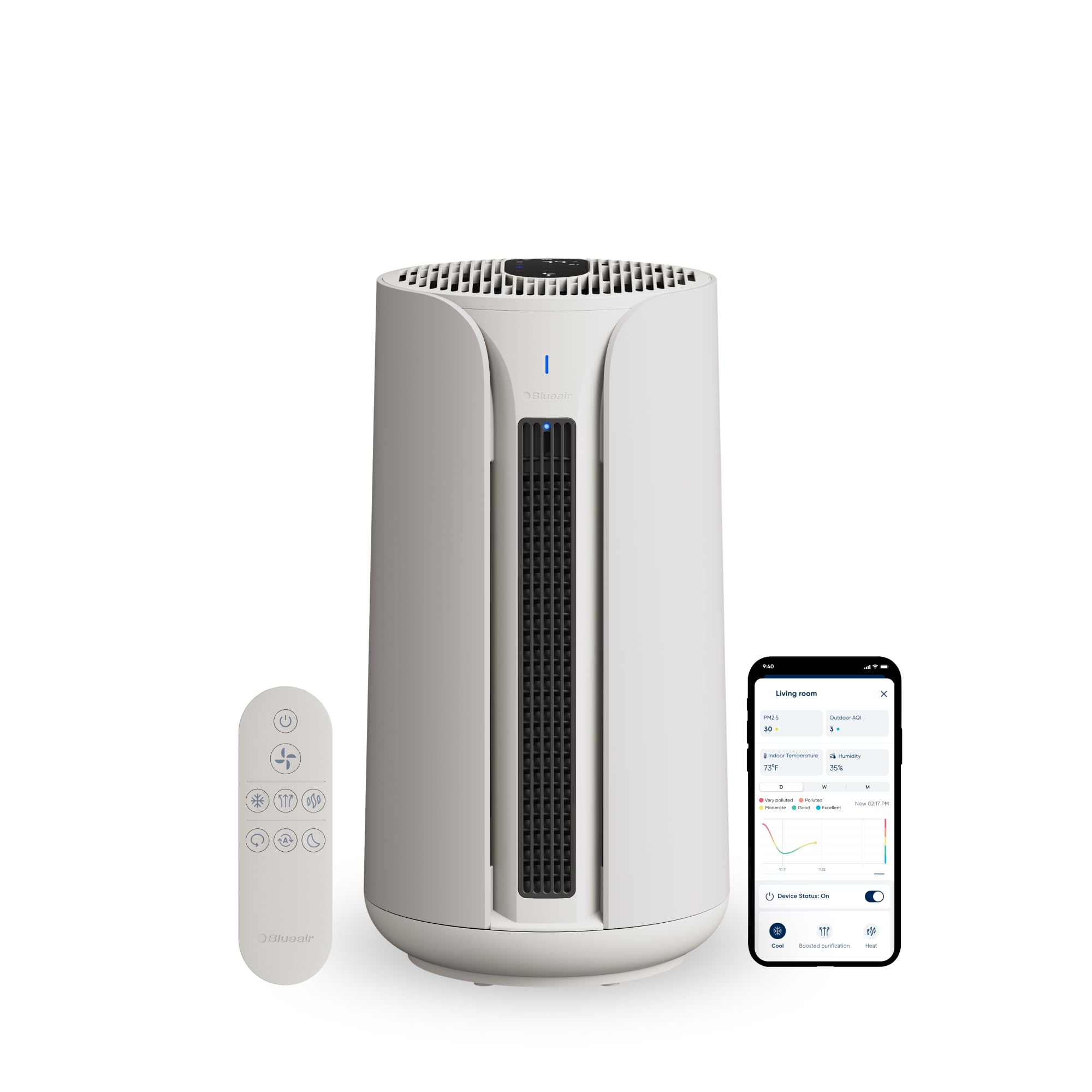 BLUEAIR ComfortPure T10i 3-in-1 air purifier, showing heat, cool, and purify functions.