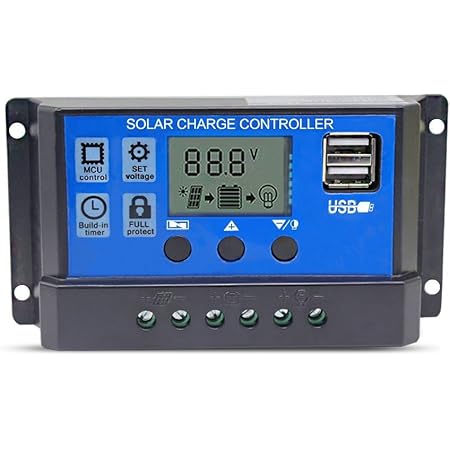 Solar Charge Controller 10A Solar Panel Battery Controller 12V/24V PWM Auto Paremeter Adjustable LCD Display Solar Panel Battery Regulator with Dual USB Load Timer Setting ON/Off Hours