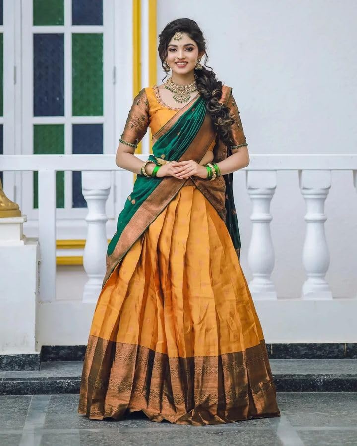 Image of ZITON ARICO MART Women's Indian Traditional Kanjivaram Silk Pure Weaving Lehenga Choli Along With Dupatta And Blouse Piece, Half Saree (Unstitched)