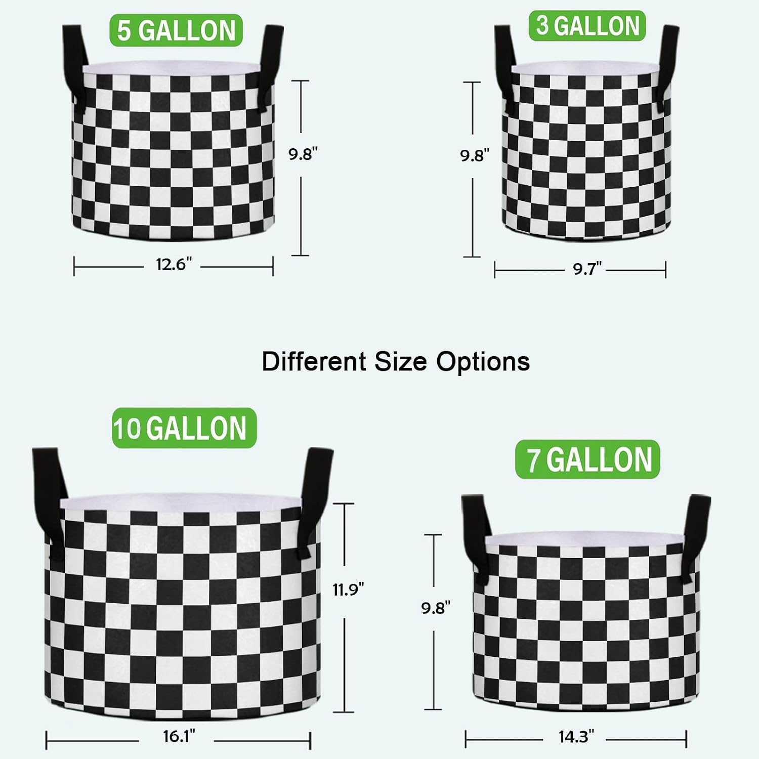 10 Gallon Modern Black White Checks Pattern Breathable Grow Bag Heavy Duty Thickened Plant Pot Containers with Handles for Tomato Potato Fruits Vegetables Flowers