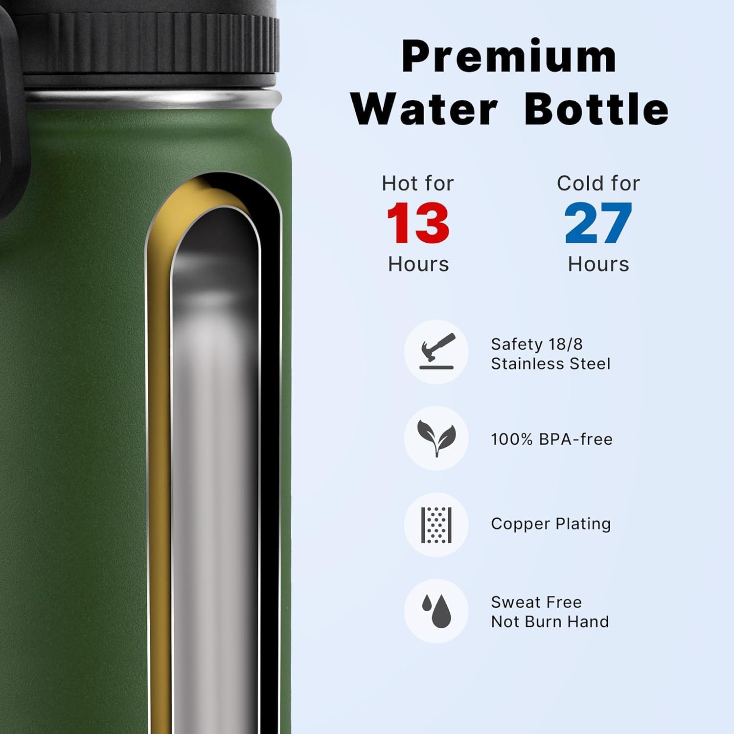 koodee 22 oz Water Bottle Stainless Steel Double Wall Vacuum Insulated Sports Water Bottle with 3 Lids-Reusable Metal Wide Mouth Water Flask, BPA Free (Grass Green) - Image 2