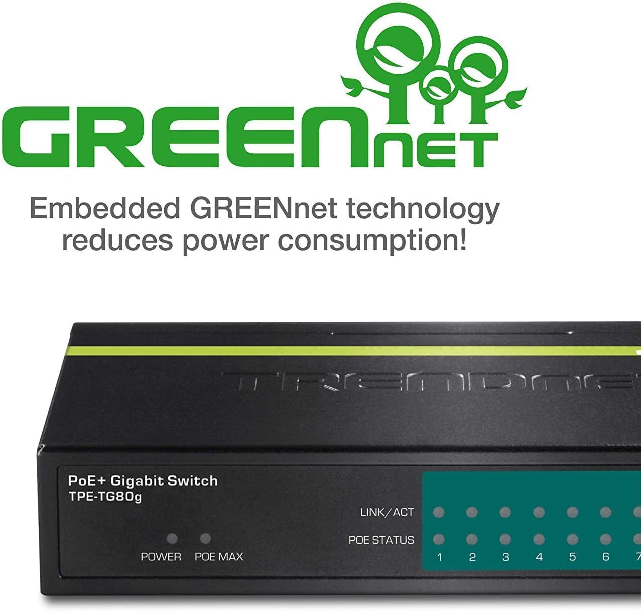 TRENDnet, TPE-TG80G, Switch Gigabit PoE+ de 8 Puertos, 23 W de Potencia PoE, 16 Gbps, Divisor Ethernet, Negro