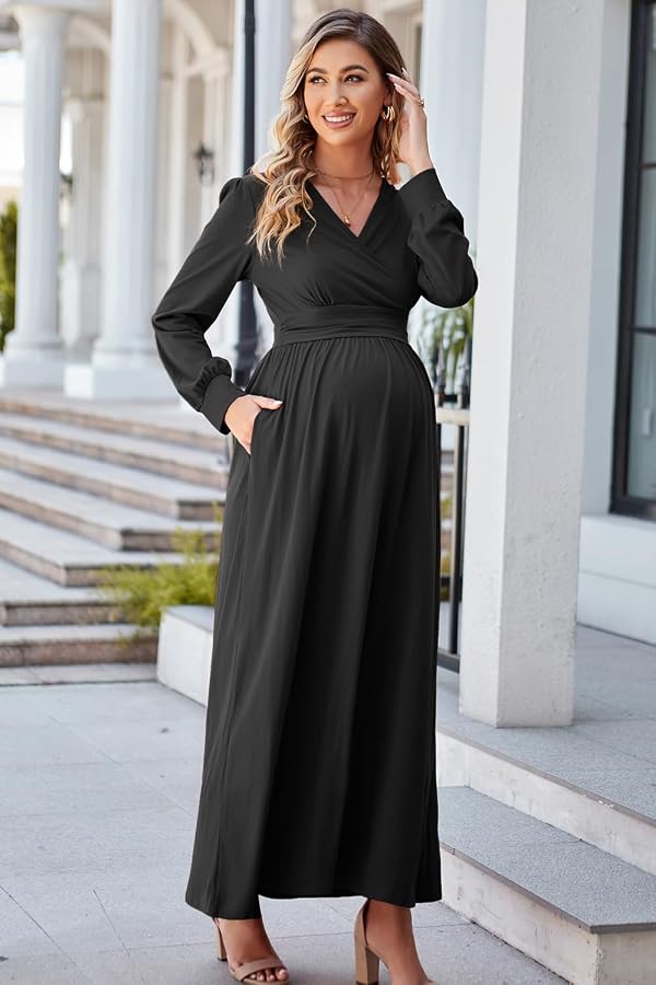 OUGES Fall Maternity Maxi Dresses Long Sleeve Wrap V Neck Baby Shower Dress Maternity Clothes 2025(Black,S) by OUGES - Image 3