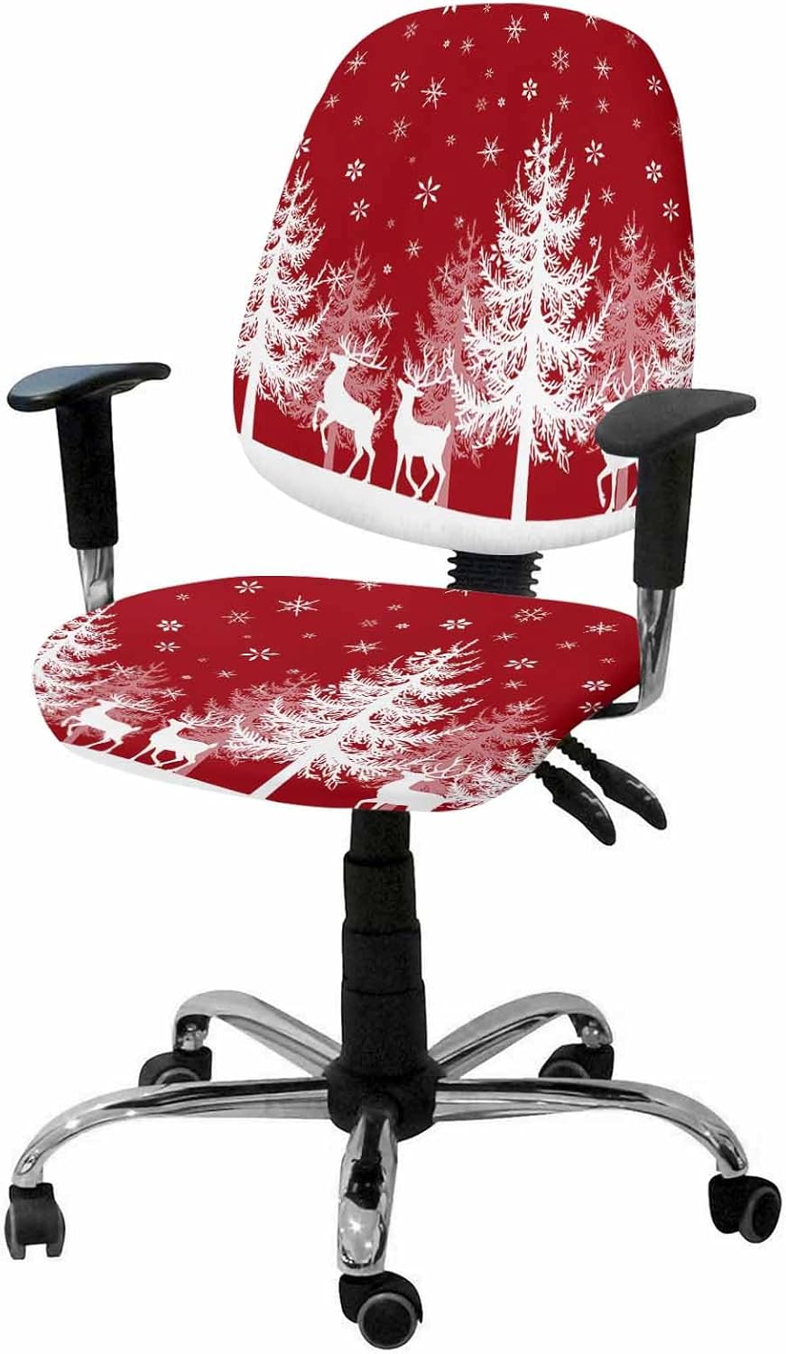 Christmas Tree Office Chair Cover Stretchable Computer Chair Seat Cover Backrest Slipcovers, Stretchable Rotating Desk Chair Seat Cushion Split Protectors Winter Forest Deer Snowflake Red