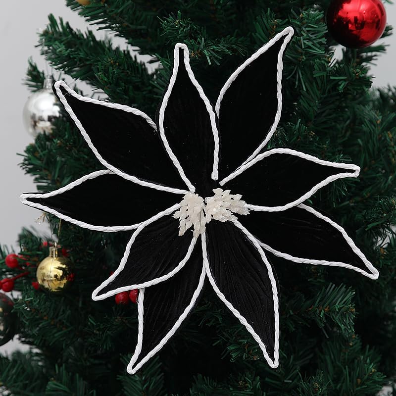 4 Pack Black Christmas Flower with Stem 11inch Black Artificial Poinsettia Flower Picks for Christmas Tree Ornament Xmas Wreath Wedding Holiday Floral Party Photo Prop Supplies