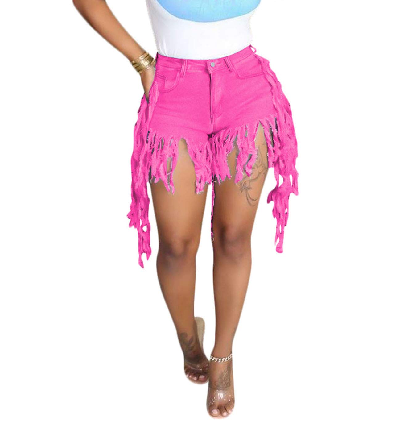 SIAEAMRG Jean Shorts for Women Juniors, Summer High Waisted Stretchy Frayed Raw Hem Tassels Denim Shorts