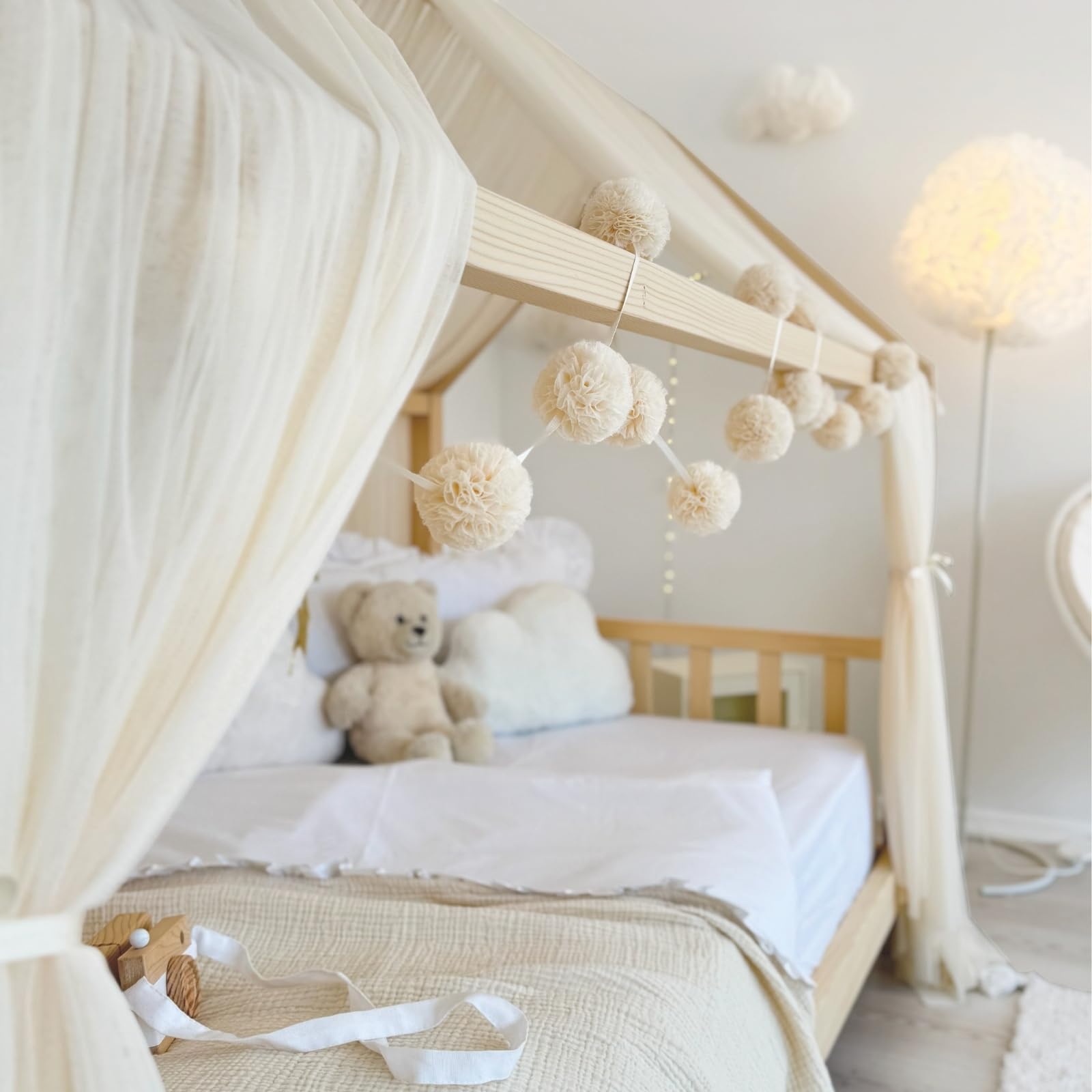 Toldo de cama estilo princesa para niñas, decoración de habitación de niños para camas Montessori, regalo de tul suave para niños pequeños (crema, 320 cm, juego de 4)