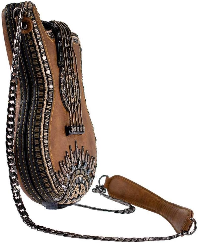 Mary Frances Open Mic Beaded Handbag – Guitar-Themed Purse, Crossbody Bag, Handmade Designer Evening Bag for Women, Gift for Birthday, Wedding, Concerts & Special Occasions, Brown