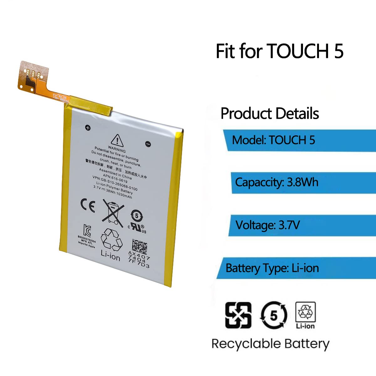 Pinsinholy Touch5 Replacement Battery Compatible iPod Touch 5 5th Generation gen 616-0619 1030mAh 3.7V 3.8Wh with Installation Tools