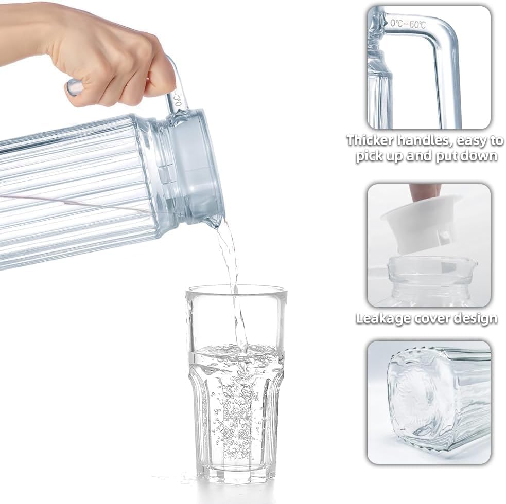 Image of NeWine Premium 1100ml Glass Water Jug with Plastic Lid & Handle | 1.1L Transparent Beverage Carafe for Home, Office, Etc. | Pitcher for Serve Water, Milk, Juice, Beverage, Chaas, Cocktail (Lining Jug)