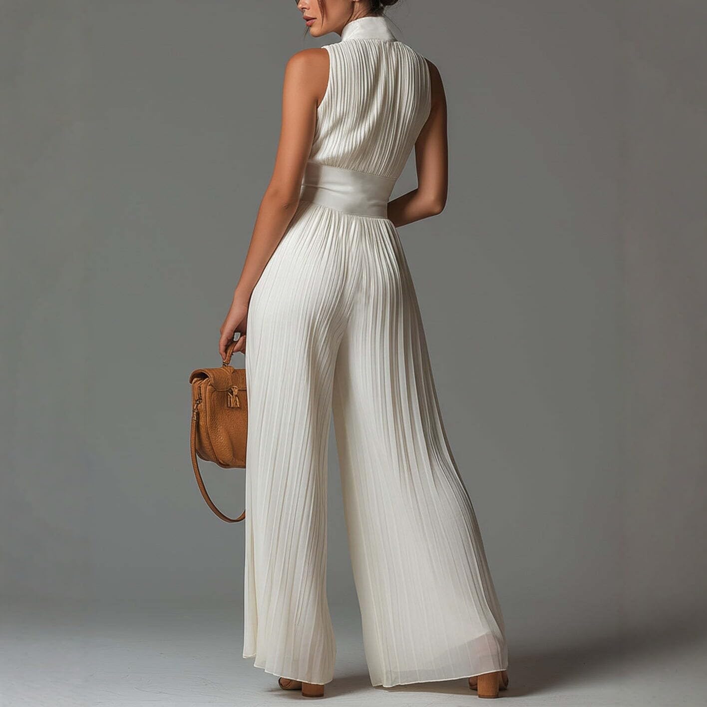 Générique Combinaison Plissée Chiffon Femme Col V ou Col Haut Sans Manches Fermeture Éclair Taille Haute Pantalon Large Été Boho w