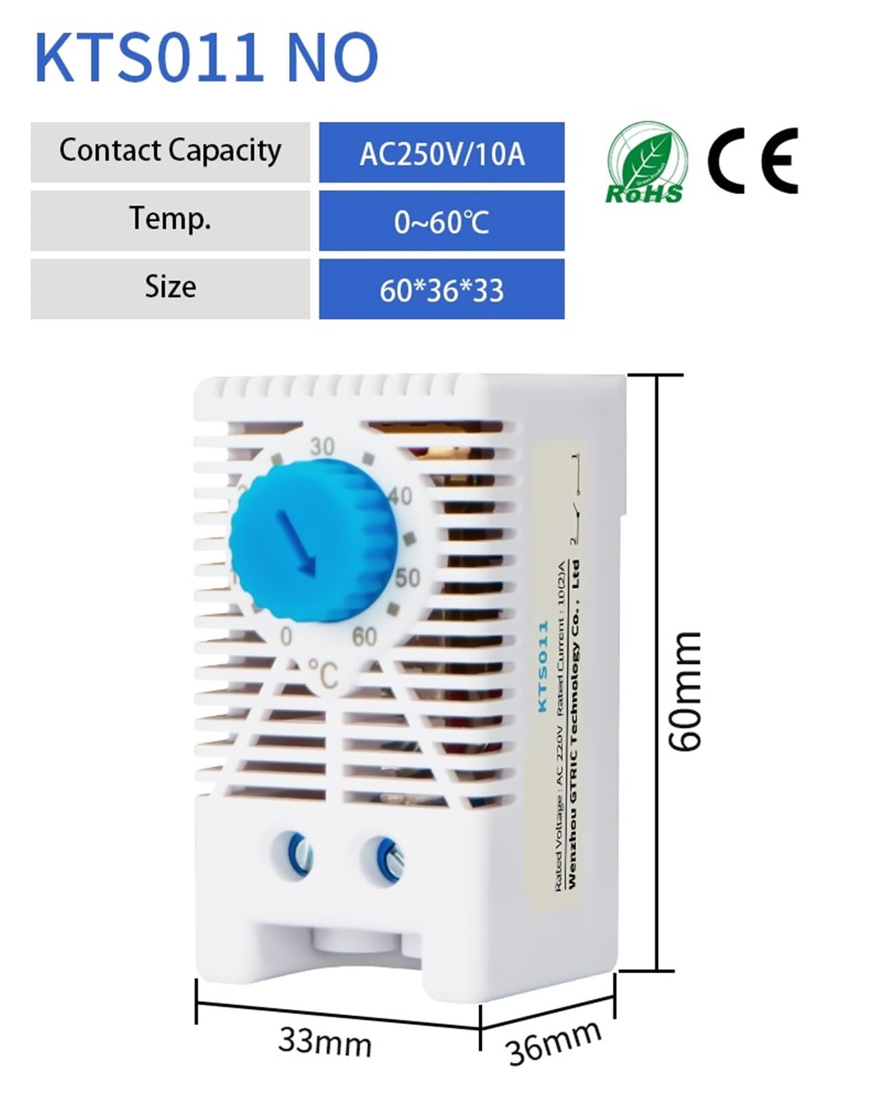 1 pz Regolatore di temperatura KTO011 KTS011 NO NC Armadio guida DIN Mini termostato industriale Termoregolatore meccanico(KTS011 NO 0-60)
