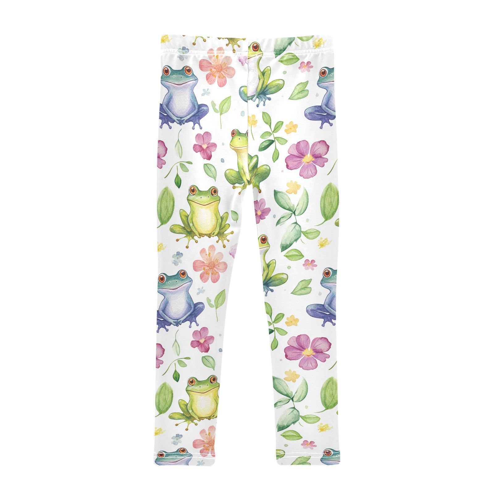 Wusikd Cute Watercolor Frogs Girls' Leggings Toddler Doodles Flowers Kids Yoga Pants Dance Active Tights 7-8T Multi