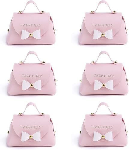 CheeseandU Paquete de 6 exquisitas bolsas de mano con lazo simple con asa, caja de regalo, hermosas bolsas de regalo de cuero rosa con lazo blanco,
