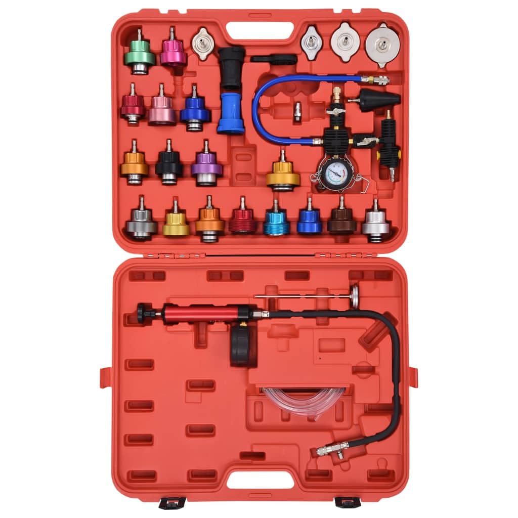 Comprobador de presión con 28 tapones de prueba, juego de herramientas de aluminio y plástico, juego de comprobador de tapa del radiador universal para coche, moto, mantenimiento de coche
