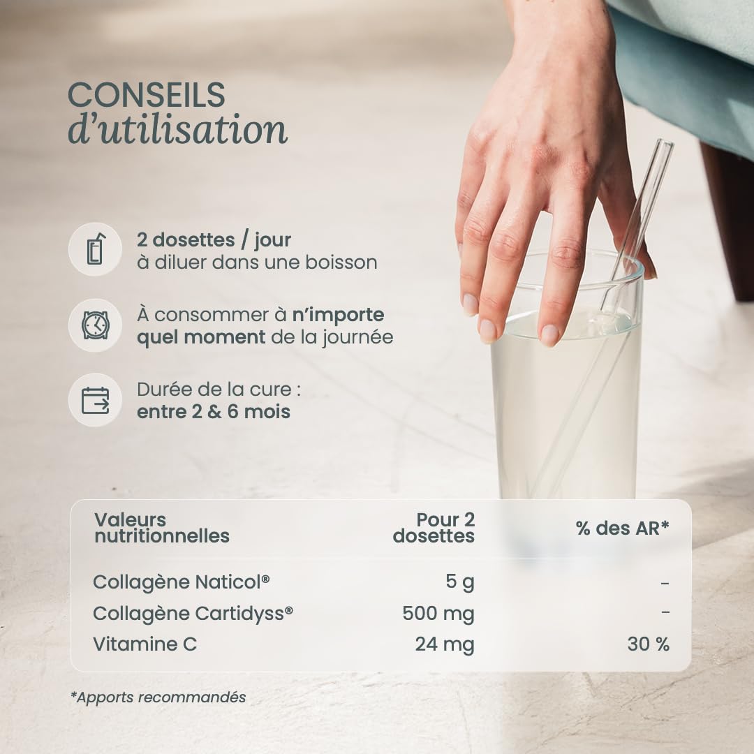 NUTRI & CO Collagene Marin Poudre Types 1, 2, 3 + Vitamine C, Breveté Naticol® & Cartydiss®, Peptides Hydrolysés 2000 DA, Format 90jrs 540g, Goût Pêche, Fabriqué en France