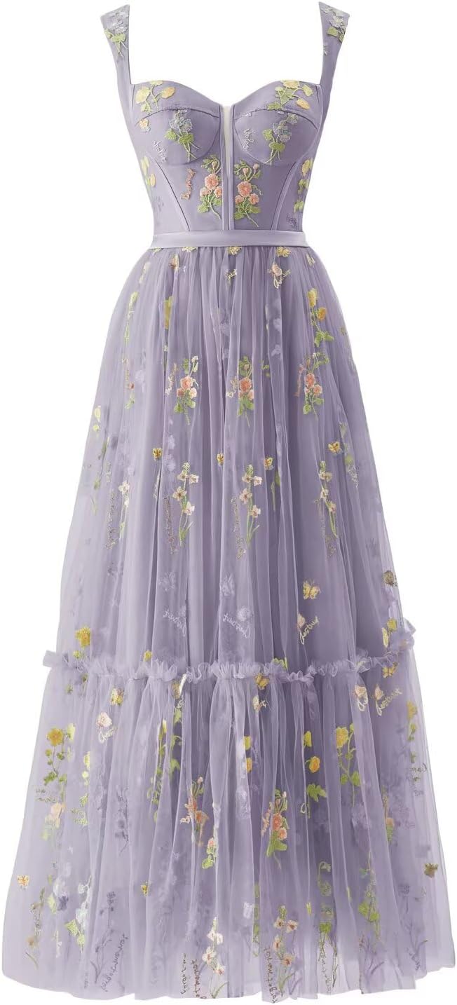 Cudiew Women Tulle Prom Dress Flower Embroidery Tea Length A Line Sweetheart Formal Evening Party Gowns for Teens