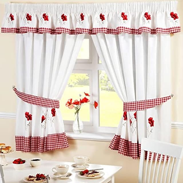 Homespace Direct Poppies Pencil Pleat Kitchen Curtains and Tiebacks 46 x 48 inch Embroidered Floral Gingham Checked, Polyester, Red/White, 46 x 48-Inch