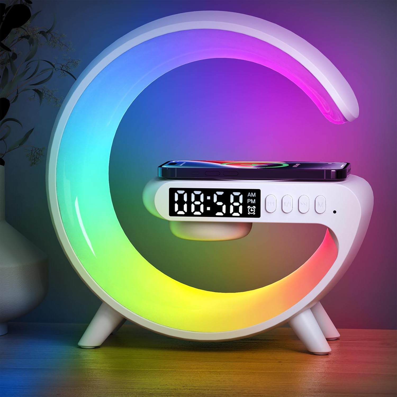 New Wireless Speaker Charger, Atmosphere Light with Wireless Charging Function, Table Lamp, Bedside Lamp with Alarm Clock & Charging Function, Bedroom Bedside Lamp, Gifts (White)