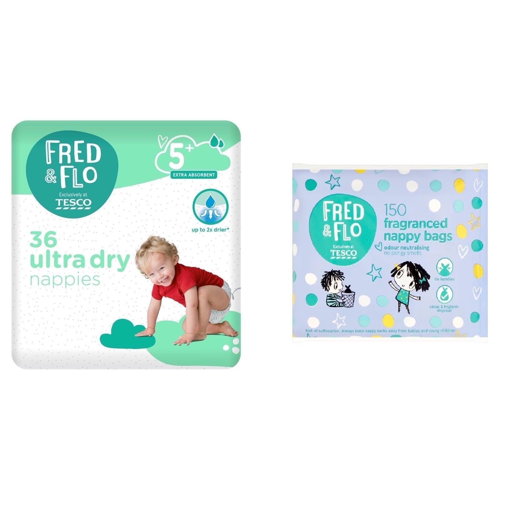 Fred & Flo Size 5+ Nappies 36 Pack + 150 Nappy Bags