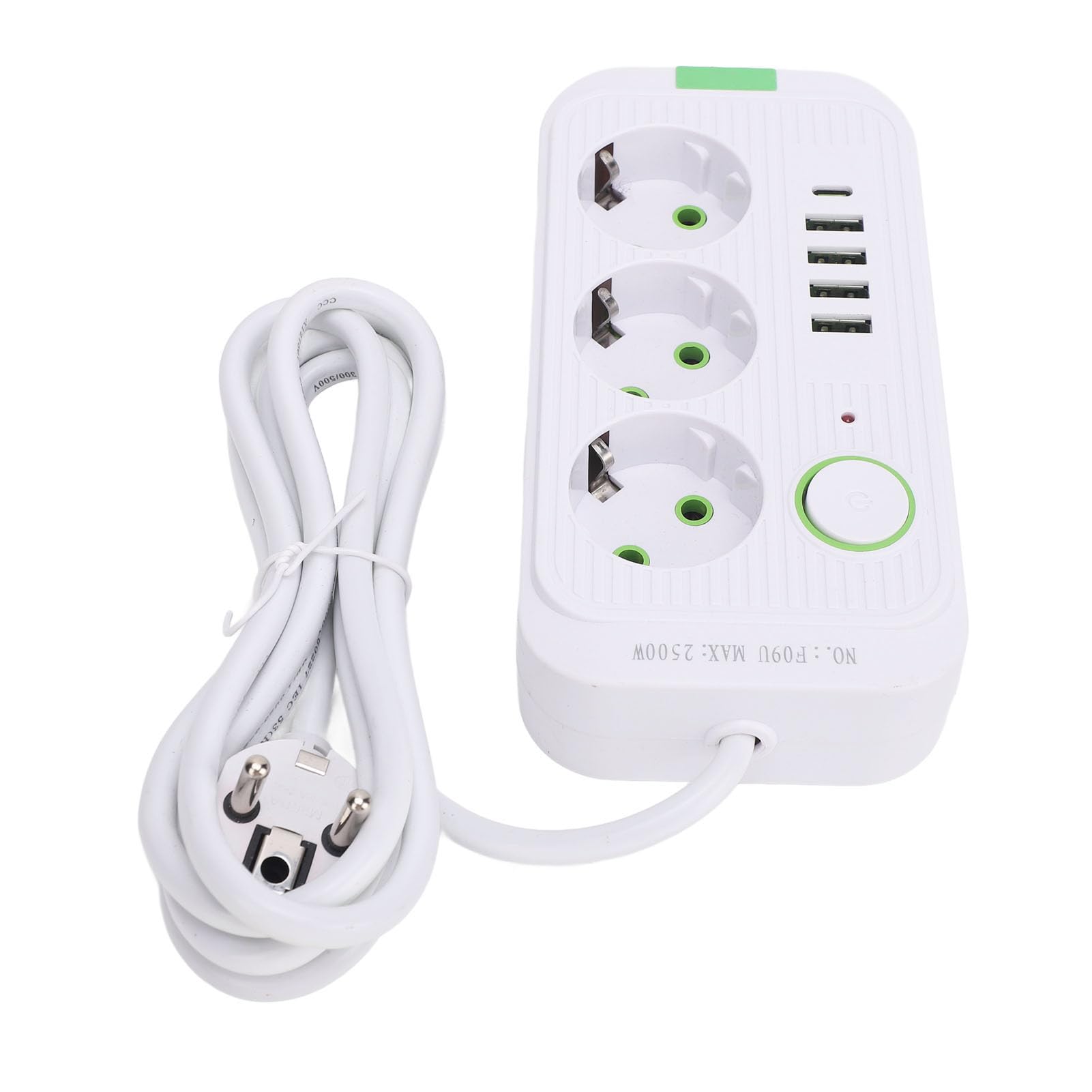 Regleta Europea con Toma de Corriente, Alargador de Enchufe con 3 Tomas, 4 USB y 1 USB C, Interruptor de Sobrecarga, Montaje en Pared, Cable de 2m, para Oficina, Dormitorio, (White)