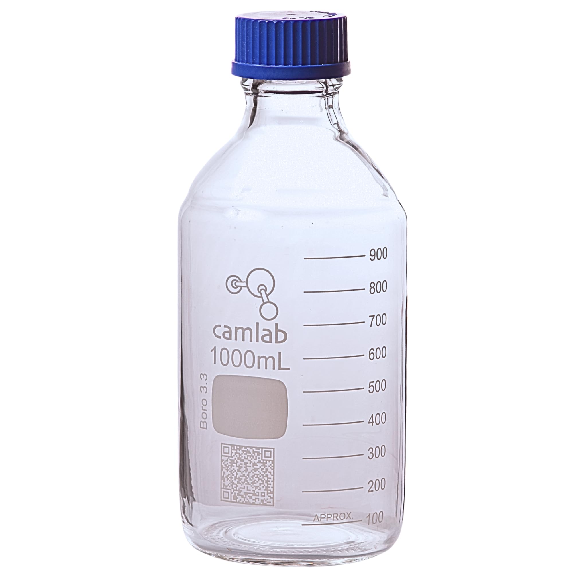 Camlab Graduated 3,3 Borosilicate Glass Reagent Bottle, With Screw Cap, Chemically Resistant and Heat Resistant, 1000ml Glass Beaker, Pack of 1