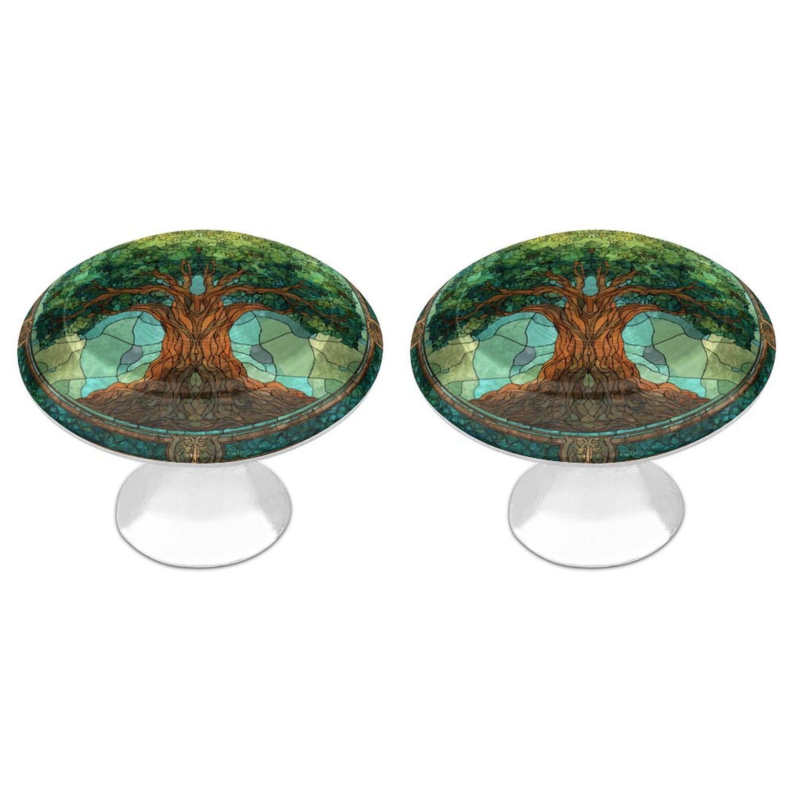 Jubonexis Stained Glass Green Tree of Life Round Drawer Cabinet Knobs Handles with Screws,2 Pcs, Drawer Dresser Knob Pulls Decor for Wardrobe Cupboard Home Office Kitchen