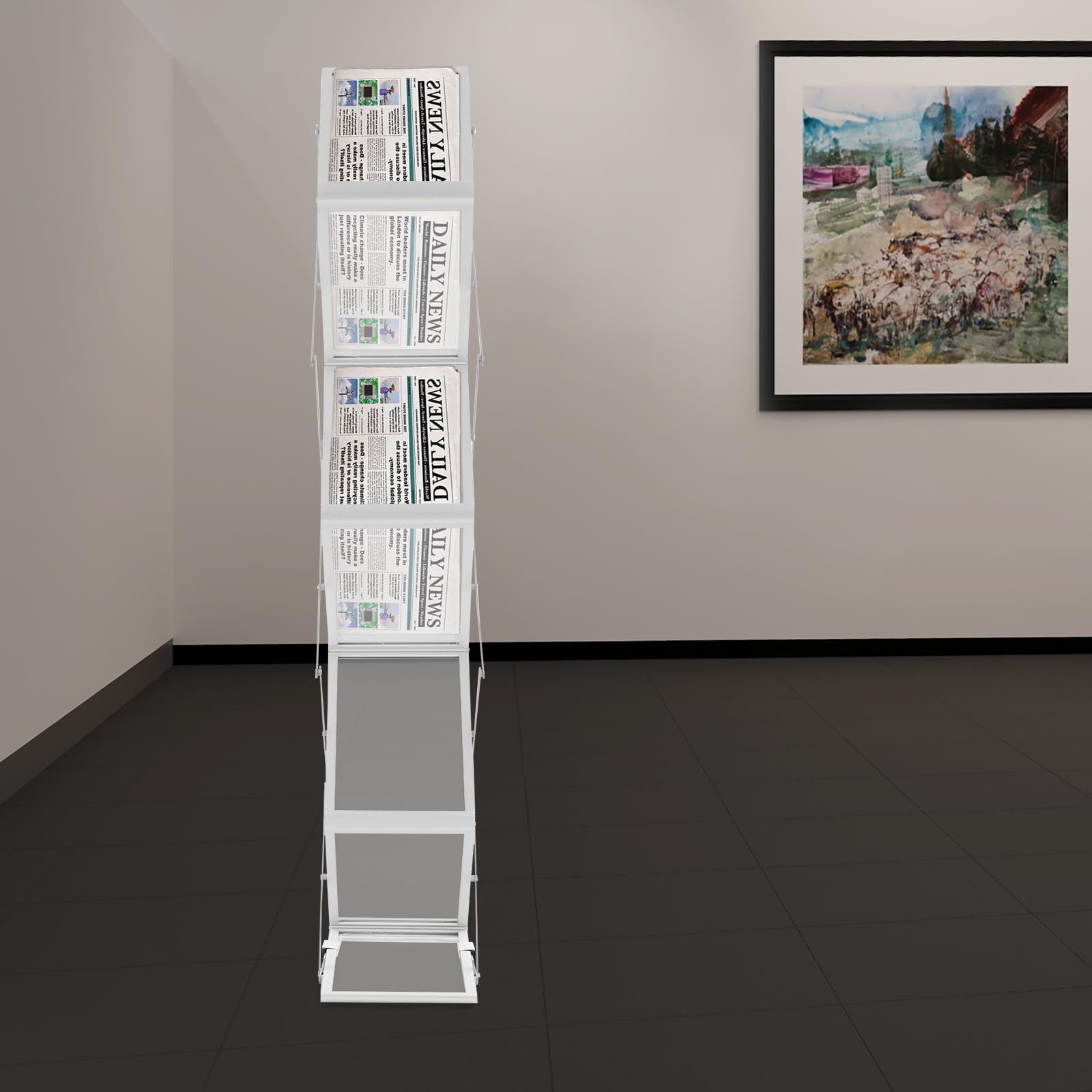 Plegables Soporte para Folletos A4, en Aluminio y Acrílico, 150 cm de Altura, 6 Paneles Expositor Revistas De Pie, con Prolongación y Almohadilla Antideslizante, para Publicidad Comercial