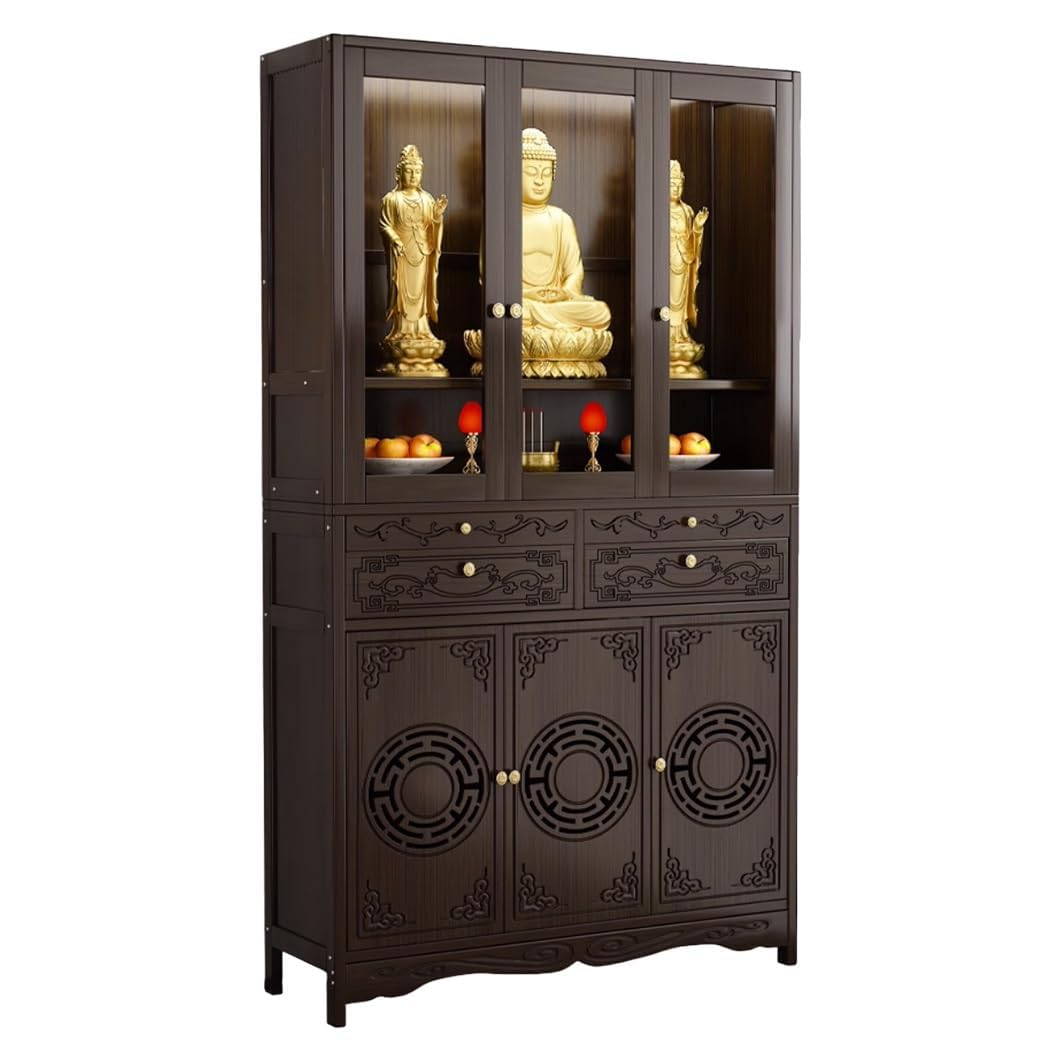 DECAKE Chinese Buddha Niche Altar Cabinet, Bamboo Shrine Table with Drawer, Personal Meditation Buddhist Prayer Stand, Home Incense (102x37x174cm/40.2"x14.6"x68.5")