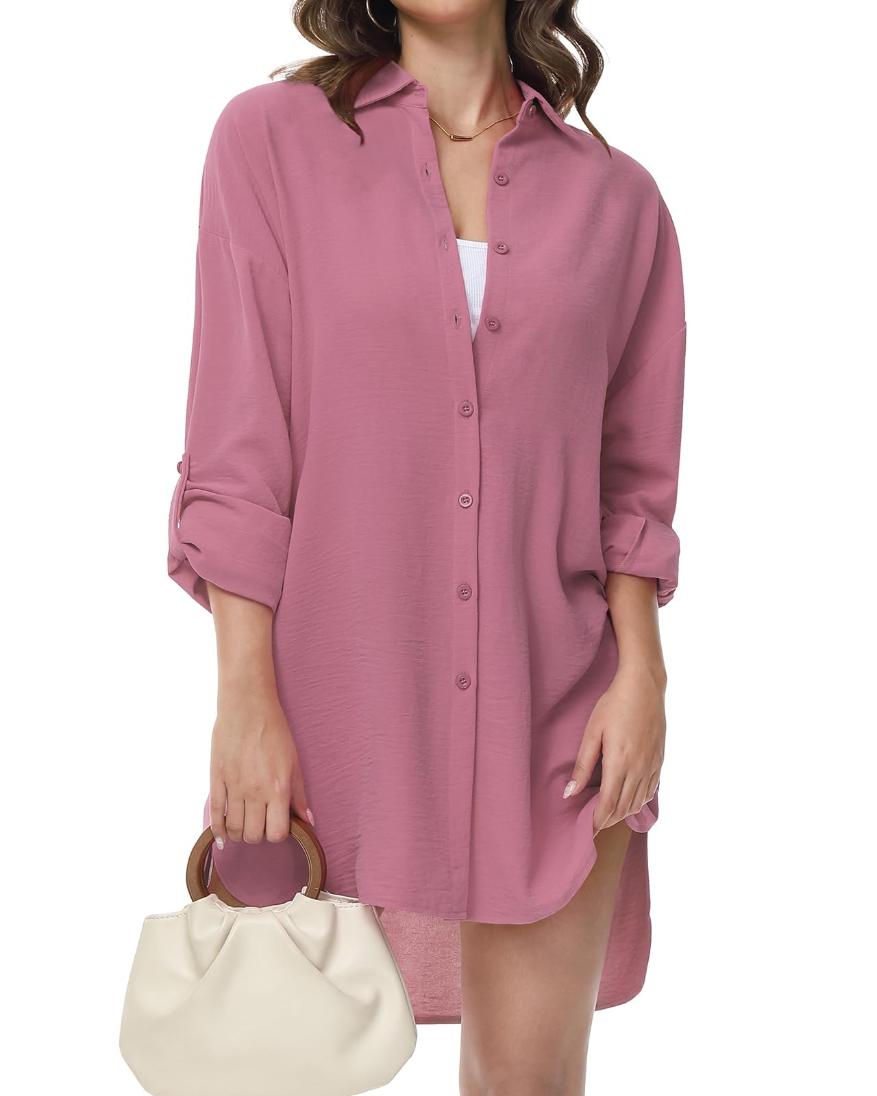 Tanmolo Damen Bluse V-Ausschnitt Hemdbluse Langarm Lässiges Hemd zum Knöpfen Langarmshirt Casual Oberteile Aufrollen Tops