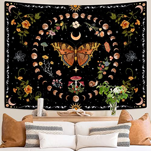 Aipon DHQWSF Orange Butterfly Moon Flower Tapestry Botanical Floral Plant Boho Tapestry For Bedroom Aesthetic Vintage Tapestries Wall Hanging thumb #3