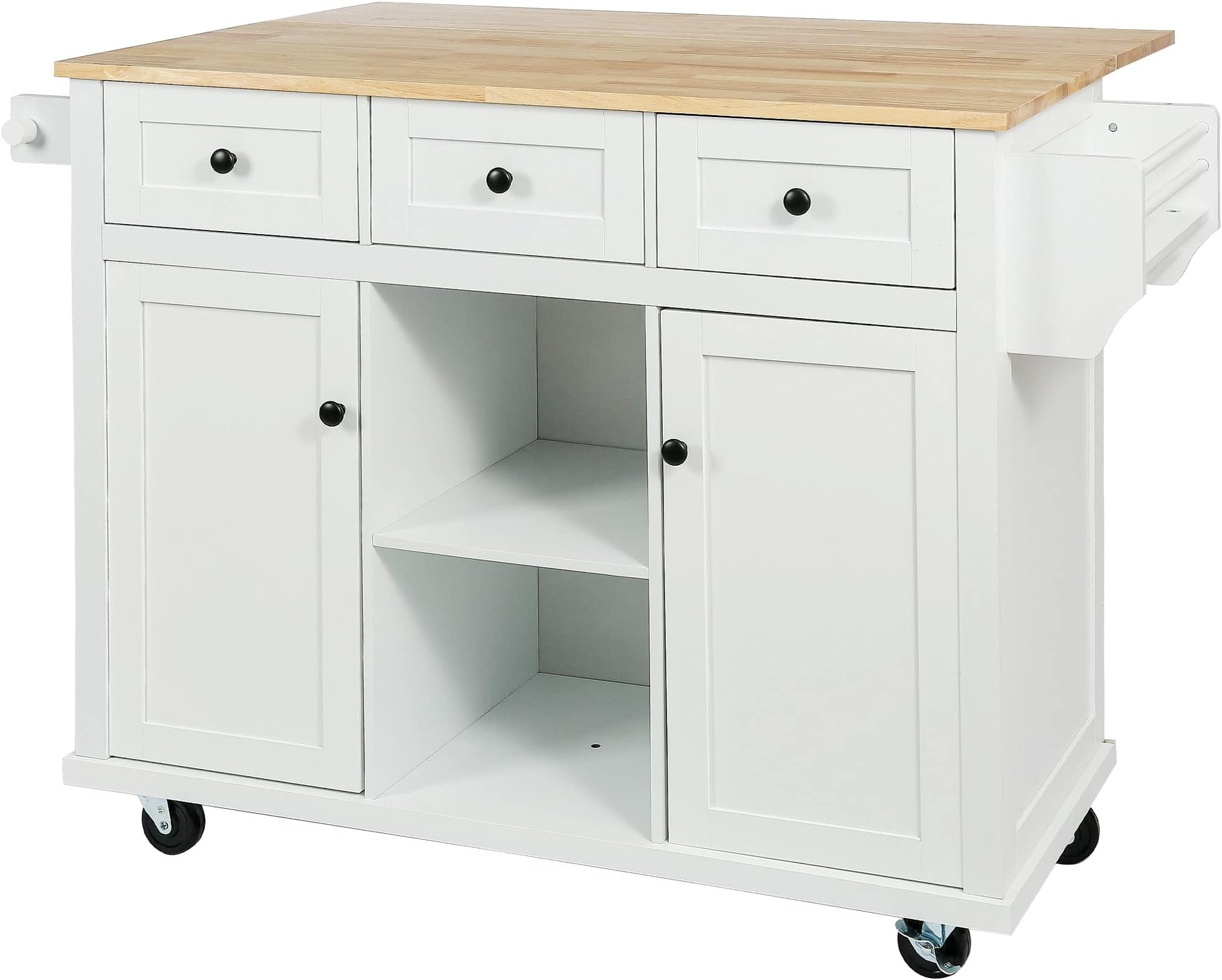 Rolling Kitchen Cart with Drop Leaf, Kitchen Island on Wheels with 3 Drawers and 2 Cabinets, Wood Portable Table with Door Storage Racks, for Dinning Room Living Room, White