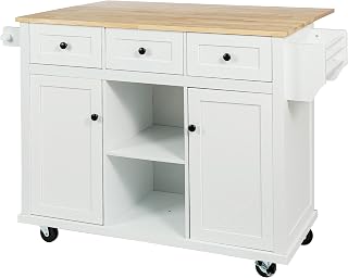 Rolling Mobile Kitchen Island Cart Breakfast Bar with Wood Top, Door Internal Storage Racks, 3 Drawers and 5 Wheels for Dining Room