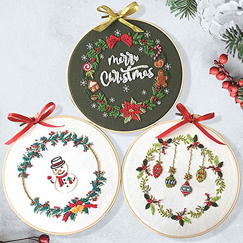 Embroidery Kit Merry Christmas Snowman Ornaments Wreath Awesocrafts Full Range of Embroidery Starter Kits for Beginners Adults Kids DIY Handmade Easy Patterns (3 Pack)