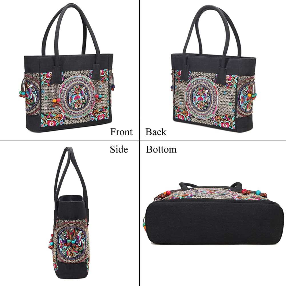 SILKAREA Embroidered Large Canvas Tote Bag for Women with Zipper Handmade Vintage Handbag Shoulder Bag