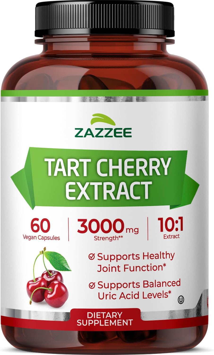 Zazzee Tart Cherry 10:1 Extract, 3000 mg Strength, 60 Vegan Capsules, 2 Month Supply, Certified Kosher, Concentrated and Standardized 10X Extract, 100% Vegetarian, All-Natural, Gluten Free, Non-GMO